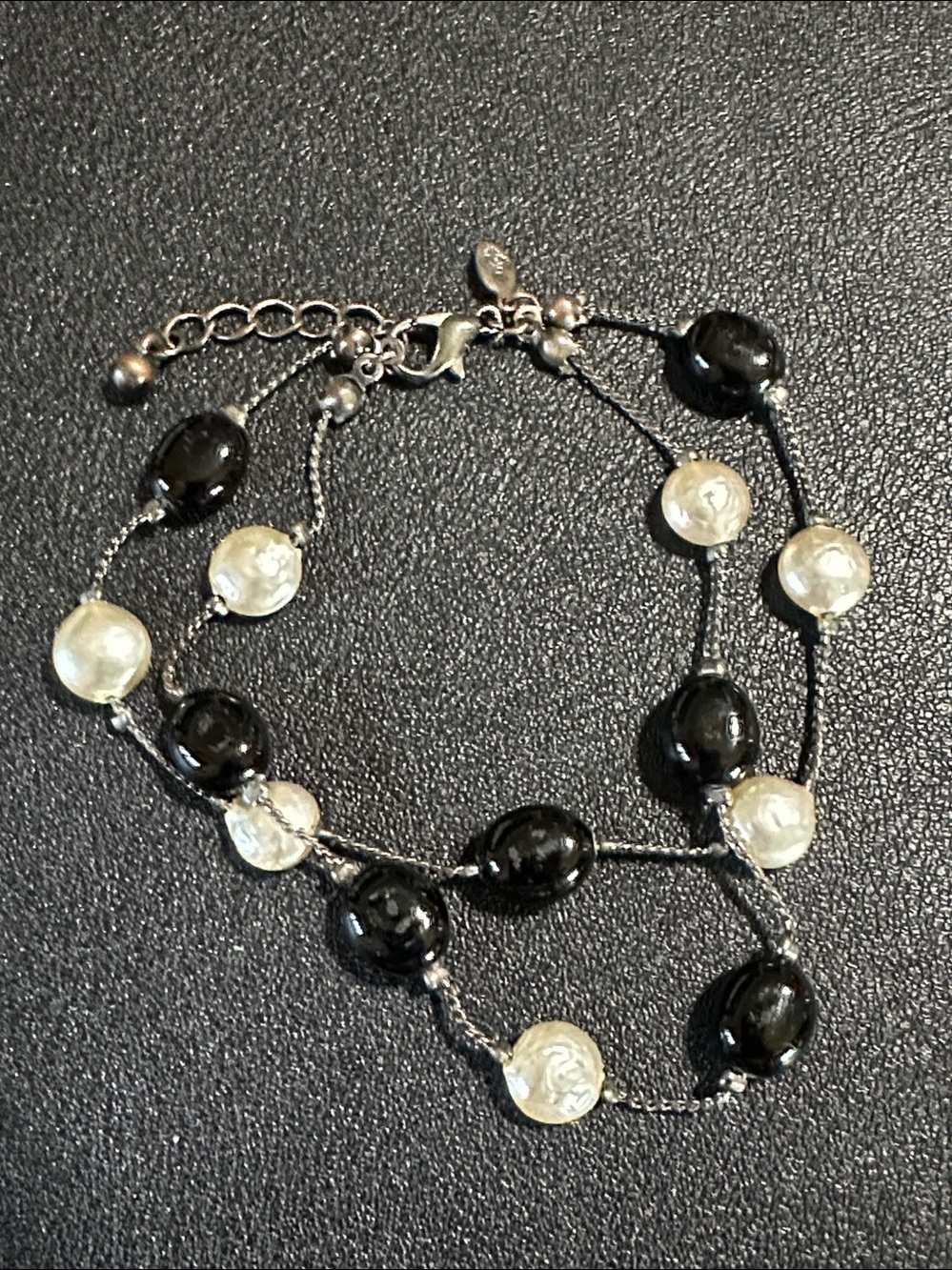 Premier Designs Double Gun Stock Chain White Faux Pearl & Black Bead Bracelet